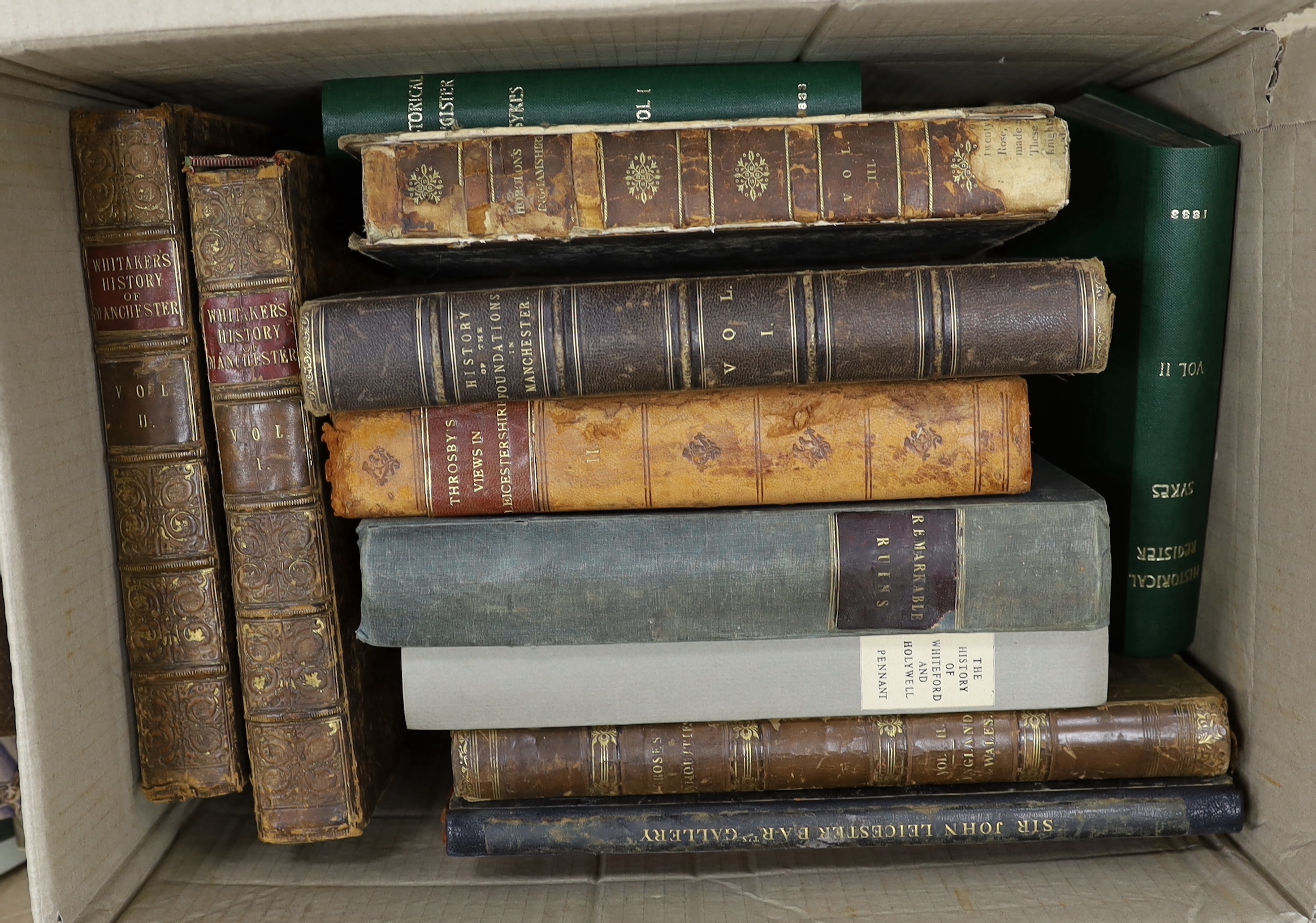 Whitaker, Rev. John - The History of Manchester....2 vols. 11 plates (mostly folded, incl. plans); contemporary gilt calf, panelled spines with maroon labels, marbled edges, 4to. 1771-75